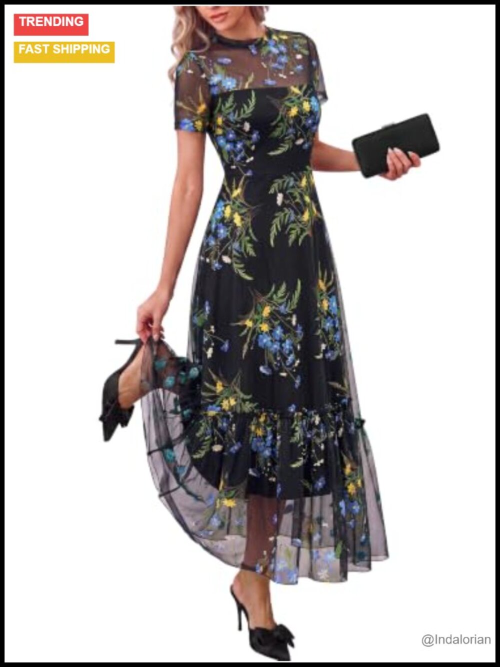 Womens Mesh Ruffle Boho Cocktail Midi Dress Mock Neck Short Sleeve